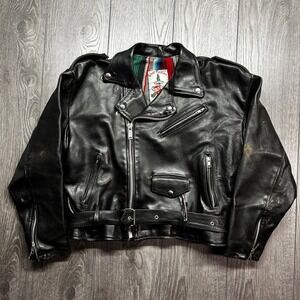 Vent Couvert France Vintage Black Leather Biker Jacket Striped Lining Size 1